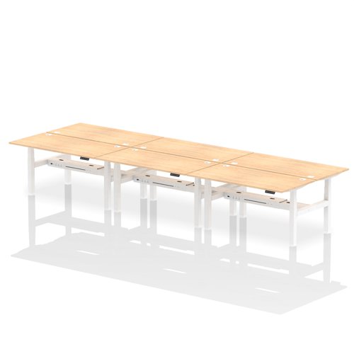 Air Back-to-Back 1600 x 800mm Height Adjustable 6 Person Bench Desk Maple Top with Cable Ports White Frame