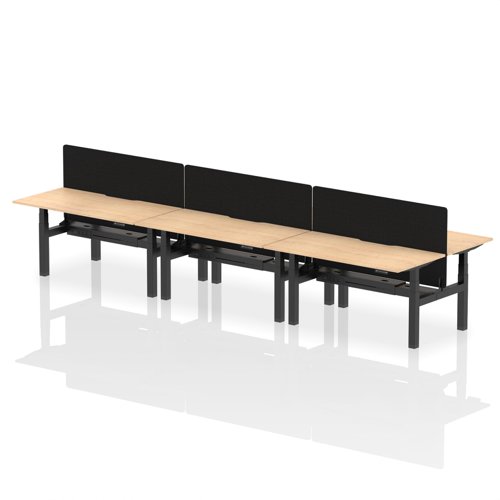 Air Back-to-Back 1600 x 800mm Height Adjustable 6 Person Office Bench Desk Maple Top with Scalloped Edge Black Frame with Black Straight Screen