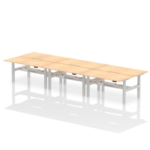 Air Back-to-Back 1600 x 800mm Height Adjustable 6 Person Bench Desk Maple Top with Scalloped Edge Silver Frame