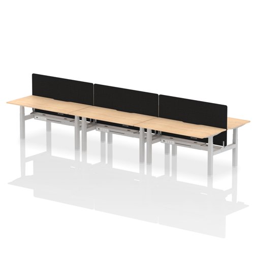 Air Back-to-Back 1600 x 800mm Height Adjustable 6 Person Bench Desk Maple Top with Scalloped Edge Silver Frame with Black Straight Screen