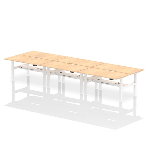 Air Back-to-Back 1600 x 800mm Height Adjustable 6 Person Bench Desk Maple Top with Scalloped Edge White Frame