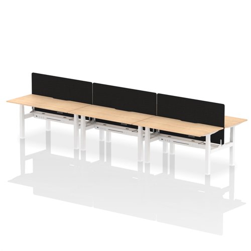 Air Back-to-Back 1600 x 800mm Height Adjustable 6 Person Bench Desk Maple Top with Scalloped Edge White Frame with Black Straight Screen