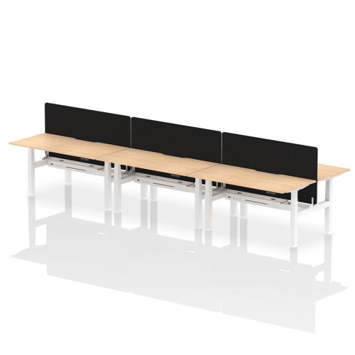 Air Back-to-Back 1600 x 800mm Height Adjustable 6 Person Office Bench Desk Maple Top with Scalloped Edge White Frame with Black Straight Screen