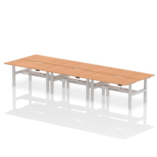 Air Back-to-Back 1600 x 800mm Height Adjustable 6 Person Bench Desk Oak Top with Scalloped Edge Silver Frame
