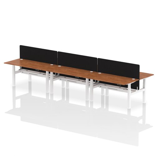 HA02483 | Elevate your office with the Air Back-to-Back Height Adjustable Desk for six, a blend of ergonomics and connectivity. Each desk includes two Ethernet ports, a USB and USB-C port, and three UK plugs, complemented by integrated cable ports for a clean setup. The addition of a dividing screen per duo offers privacy and focus. This desk is a perfect match for professionals seeking a tidy, tech-friendly, and adaptable workspace.