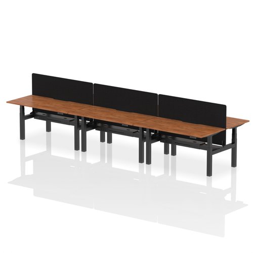 Air Back-to-Back 1600 x 800mm Height Adjustable 6 Person Bench Desk Walnut Top with Scalloped Edge Black Frame with Black Straight Screen