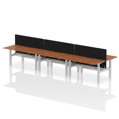 Air Back-to-Back 1600 x 800mm Height Adjustable 6 Person Bench Desk Walnut Top with Scalloped Edge Silver Frame with Black Straight Screen