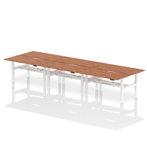 Air Back-to-Back 1600 x 800mm Height Adjustable 6 Person Bench Desk Walnut Top with Scalloped Edge White Frame