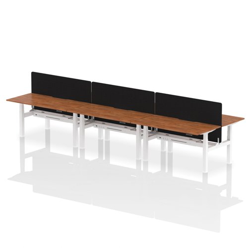 HA02489 | Experience cutting-edge collaboration with the Air Back-to-Back Height Adjustable Desk for six, featuring a unique scalloped edge design and a dividing screen per duo. Each desk is outfitted with two Ethernet ports, a USB port, a USB-C port, and three UK plugs, ensuring unparalleled connectivity. The adjustable height caters to ergonomic needs, making it perfect for dynamic teams who prioritize both style and functionality in their workspace.
