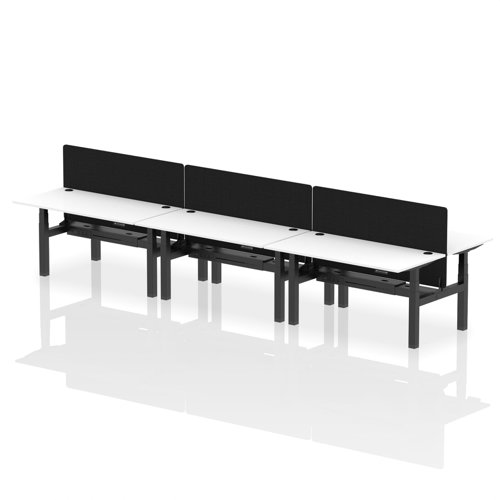 HA02491 | Elevate your office with the Air Back-to-Back Height Adjustable Desk for six, a blend of ergonomics and connectivity. Each desk includes two Ethernet ports, a USB and USB-C port, and three UK plugs, complemented by integrated cable ports for a clean setup. The addition of a dividing screen per duo offers privacy and focus. This desk is a perfect match for professionals seeking a tidy, tech-friendly, and adaptable workspace.