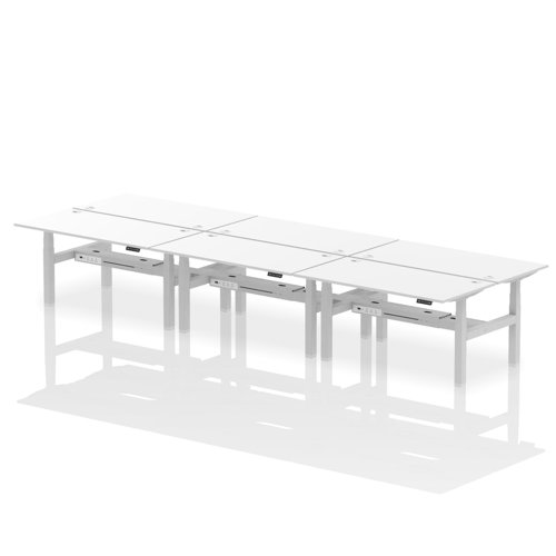 Air Back-to-Back 1600 x 800mm Height Adjustable 6 Person Bench Desk White Top with Cable Ports Silver Frame