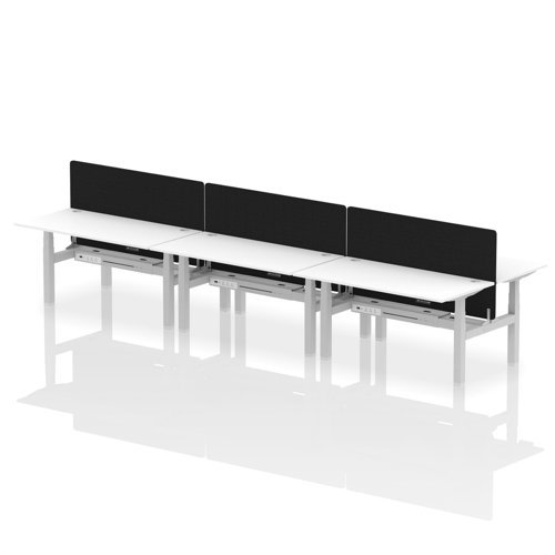 HA02493 | Elevate your office with the Air Back-to-Back Height Adjustable Desk for six, a blend of ergonomics and connectivity. Each desk includes two Ethernet ports, a USB and USB-C port, and three UK plugs, complemented by integrated cable ports for a clean setup. The addition of a dividing screen per duo offers privacy and focus. This desk is a perfect match for professionals seeking a tidy, tech-friendly, and adaptable workspace.