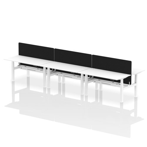 HA02495 | Elevate your office with the Air Back-to-Back Height Adjustable Desk for six, a blend of ergonomics and connectivity. Each desk includes two Ethernet ports, a USB and USB-C port, and three UK plugs, complemented by integrated cable ports for a clean setup. The addition of a dividing screen per duo offers privacy and focus. This desk is a perfect match for professionals seeking a tidy, tech-friendly, and adaptable workspace.