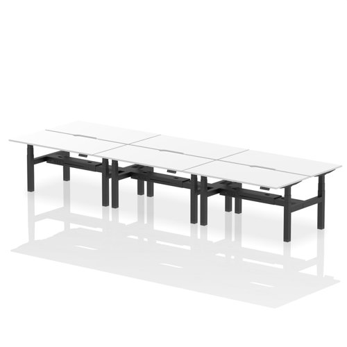 HA02496 | Elevate your team's workspace with the Air Back-to-Back Height Adjustable Desk for six. This workstation features stylish scalloped edging and is equipped with two Ethernet ports, a USB port, a USB-C port, and three UK plugs per desk, ensuring optimal connectivity. The adjustable height promotes ergonomic working positions. Designed for collaboration and efficiency, it's the perfect blend of aesthetics and functionality for the modern office.