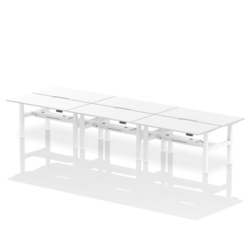 HA02500 | Elevate your team's workspace with the Air Back-to-Back Height Adjustable Desk for six. This workstation features stylish scalloped edging and is equipped with two Ethernet ports, a USB port, a USB-C port, and three UK plugs per desk, ensuring optimal connectivity. The adjustable height promotes ergonomic working positions. Designed for collaboration and efficiency, it's the perfect blend of aesthetics and functionality for the modern office.