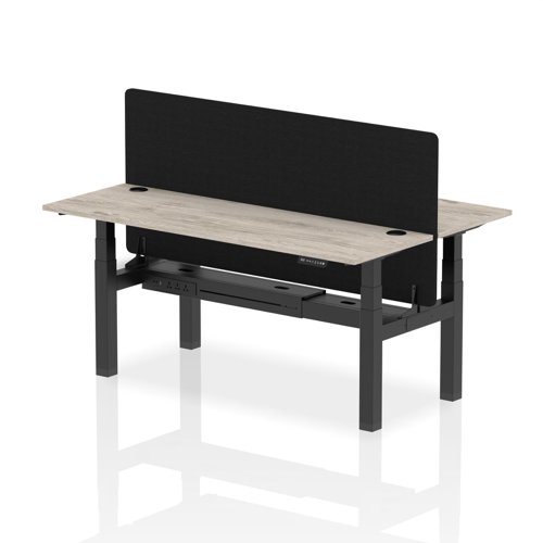 Air Back-to-Back 1800 x 600mm Height Adjustable 2 Person Office Bench Desk Grey Oak Top with Cable Ports Black Frame with Black Straight Screen
