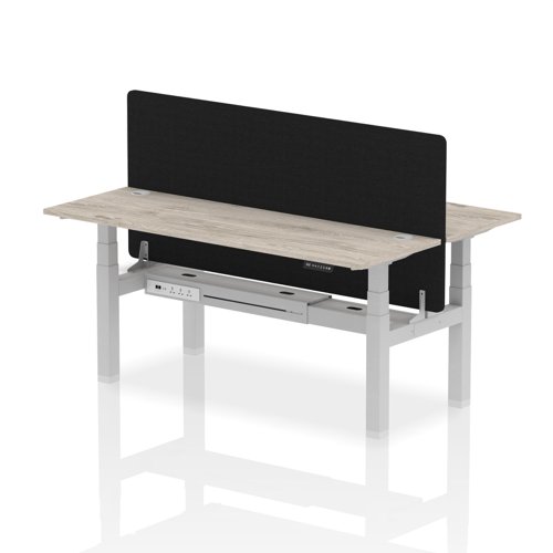 Air Back-to-Back 1800 x 600mm Height Adjustable 2 Person Bench Desk Grey Oak Top with Cable Ports Silver Frame with Black Straight Screen
