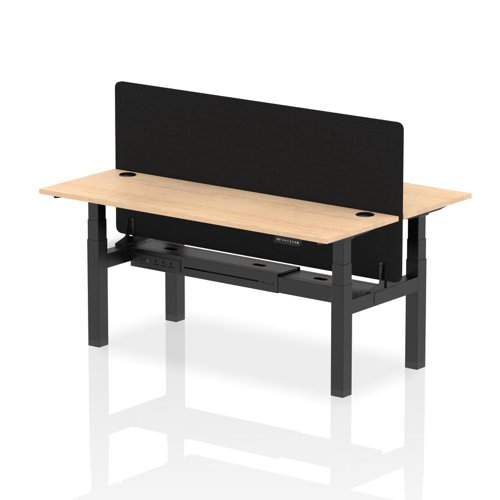 Air Back-to-Back 1800 x 600mm Height Adjustable 2 Person Bench Desk Maple Top with Cable Ports Black Frame with Black Straight Screen