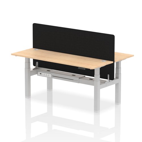 Air Back-to-Back 1800 x 600mm Height Adjustable 2 Person Bench Desk Maple Top with Cable Ports Silver Frame with Black Straight Screen