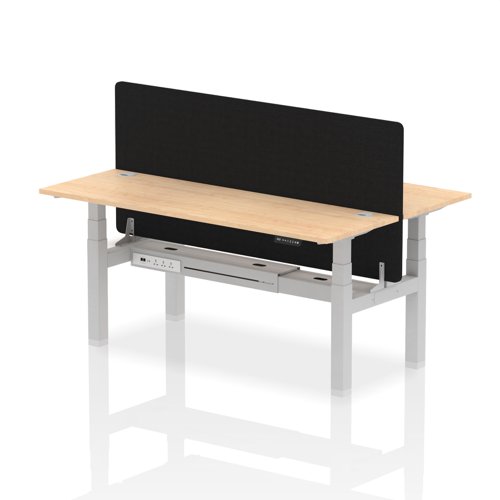 Air Back-to-Back 1800 x 600mm Height Adjustable 2 Person Office Bench Desk Maple Top with Cable Ports Silver Frame with Black Straight Screen