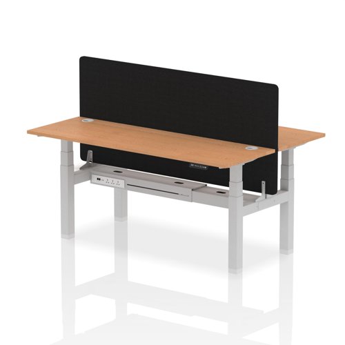 Air Back-to-Back 1800 x 600mm Height Adjustable 2 Person Bench Desk Oak Top with Cable Ports Silver Frame with Black Straight Screen
