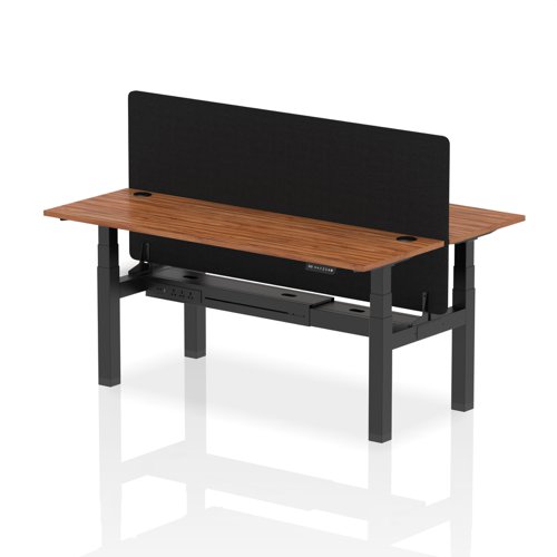 Air Back-to-Back 1800 x 600mm Height Adjustable 2 Person Bench Desk Walnut Top with Cable Ports Black Frame with Black Straight Screen