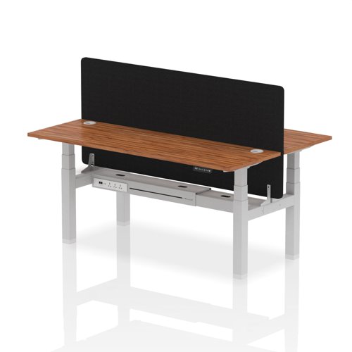 Air Back-to-Back 1800 x 600mm Height Adjustable 2 Person Office Bench Desk Walnut Top with Cable Ports Silver Frame with Black Straight Screen