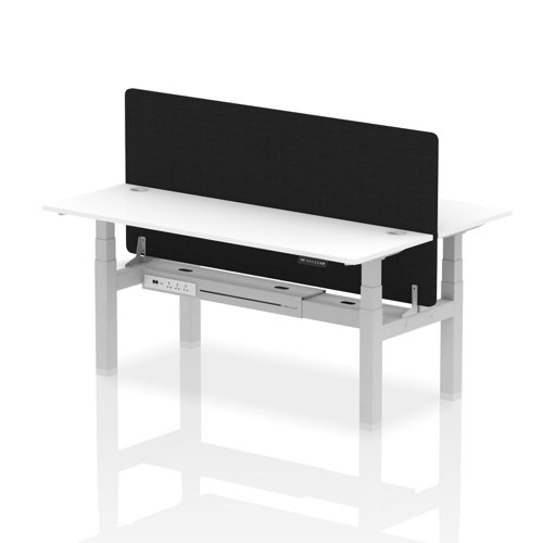 Air Back-to-Back 1800 x 600mm Height Adjustable 2 Person Office Bench Desk White Top with Cable Ports Silver Frame with Black Straight Screen