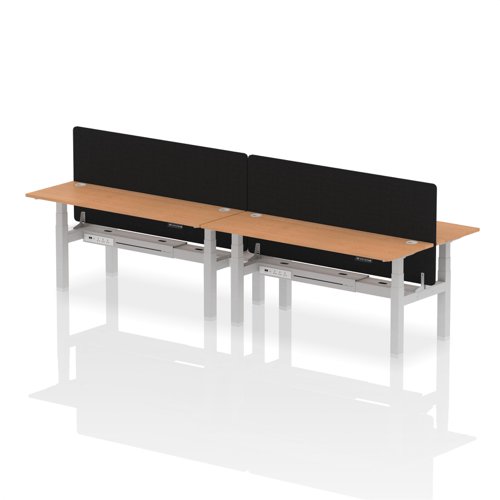 Air Back-to-Back 1800 x 600mm Height Adjustable 4 Person Office Bench Desk Oak Top with Cable Ports Silver Frame with Black Straight Screen