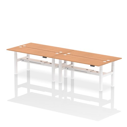 Air Back-to-Back 1800 x 600mm Height Adjustable 4 Person Bench Desk Oak Top with Cable Ports White Frame
