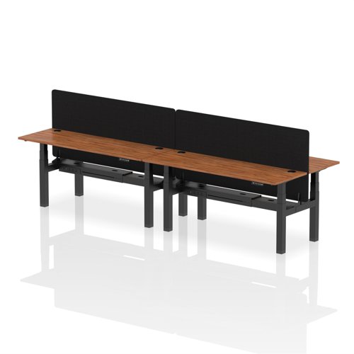Air Back-to-Back 1800 x 600mm Height Adjustable 4 Person Office Bench Desk Walnut Top with Cable Ports Black Frame with Black Straight Screen