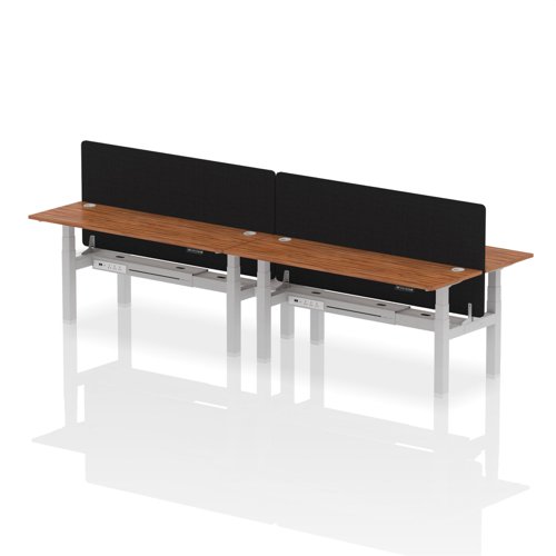 Air Back-to-Back 1800 x 600mm Height Adjustable 4 Person Office Bench Desk Walnut Top with Cable Ports Silver Frame with Black Straight Screen