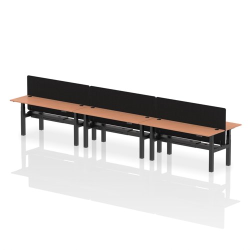 Air Back-to-Back 1800 x 600mm Height Adjustable 6 Person Office Bench Desk Beech Top with Cable Ports Black Frame with Black Straight Screen
