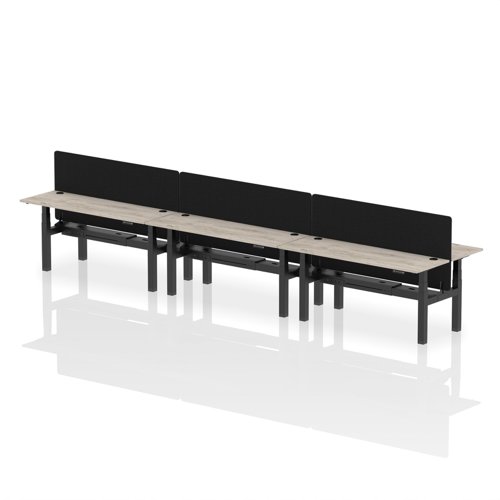 Air Back-to-Back 1800 x 600mm Height Adjustable 6 Person Office Bench Desk Grey Oak Top with Cable Ports Black Frame with Black Straight Screen