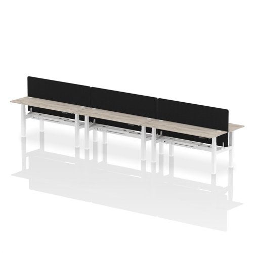 Air Back-to-Back 1800 x 600mm Height Adjustable 6 Person Office Bench Desk Grey Oak Top with Cable Ports White Frame with Black Straight Screen