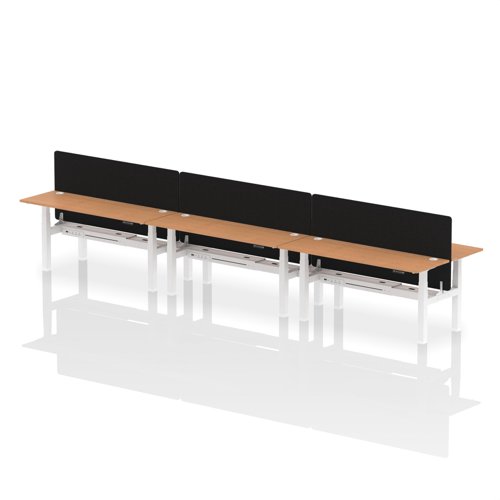 Air Back-to-Back 1800 x 600mm Height Adjustable 6 Person Office Bench Desk Oak Top with Cable Ports White Frame with Black Straight Screen