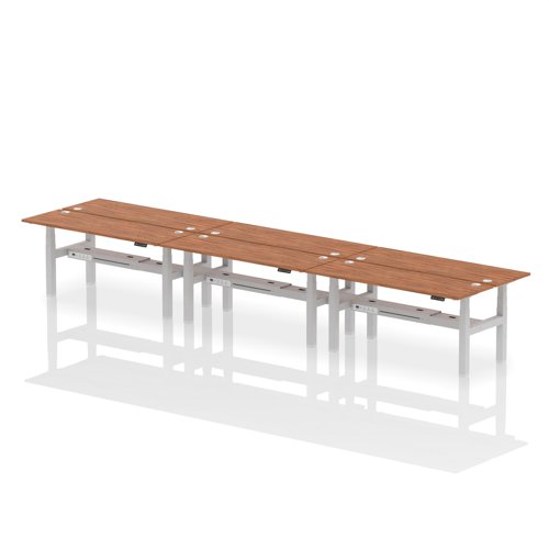 Air Back-to-Back 1800 x 600mm Height Adjustable 6 Person Office Bench Desk Walnut Top with Cable Ports Silver Frame