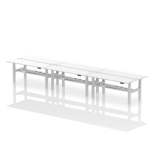 Air Back-to-Back 1800 x 600mm Height Adjustable 6 Person Bench Desk White Top with Cable Ports Silver Frame