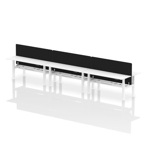 Air Back-to-Back 1800 x 600mm Height Adjustable 6 Person Office Bench Desk White Top with Cable Ports White Frame with Black Straight Screen