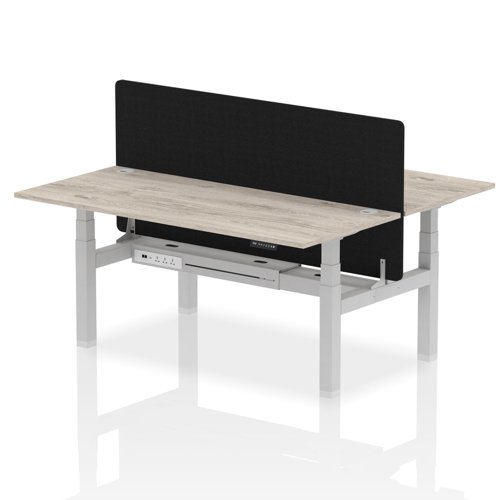 Air Back-to-Back 1800 x 800mm Height Adjustable 2 Person Office Bench Desk Grey Oak Top with Cable Ports Silver Frame with Black Straight Screen