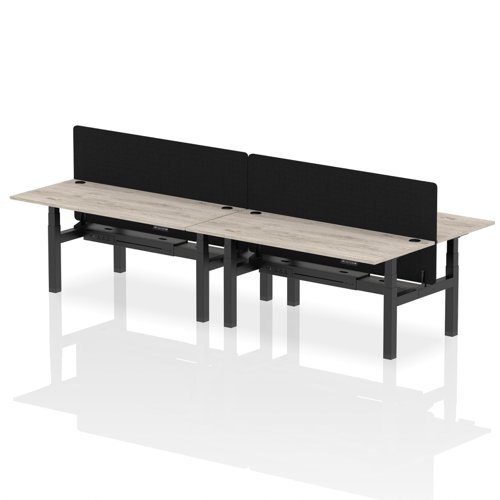 Air Back-to-Back 1800 x 800mm Height Adjustable 4 Person Bench Desk Grey Oak Top with Cable Ports Black Frame with Black Straight Screen