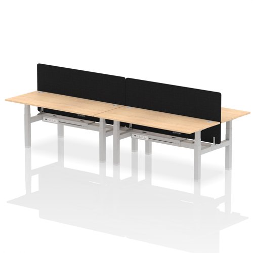 Air Back-to-Back 1800 x 800mm Height Adjustable 4 Person Office Bench Desk Maple Top with Cable Ports Silver Frame with Black Straight Screen