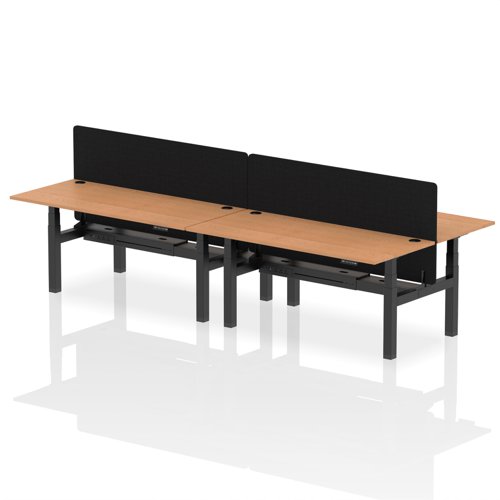 Air Back-to-Back 1800 x 800mm Height Adjustable 4 Person Bench Desk Oak Top with Cable Ports Black Frame with Black Straight Screen