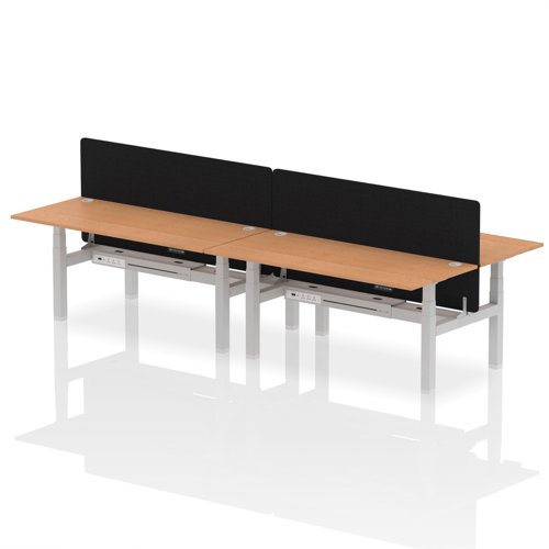 Air Back-to-Back 1800 x 800mm Height Adjustable 4 Person Bench Desk Oak Top with Cable Ports Silver Frame with Black Straight Screen