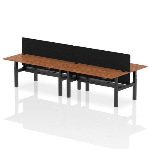 Air Back-to-Back 1800 x 800mm Height Adjustable 4 Person Bench Desk Walnut Top with Cable Ports Black Frame with Black Straight Screen