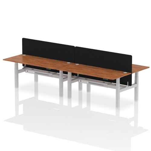 Air Back-to-Back 1800 x 800mm Height Adjustable 4 Person Bench Desk Walnut Top with Cable Ports Silver Frame with Black Straight Screen