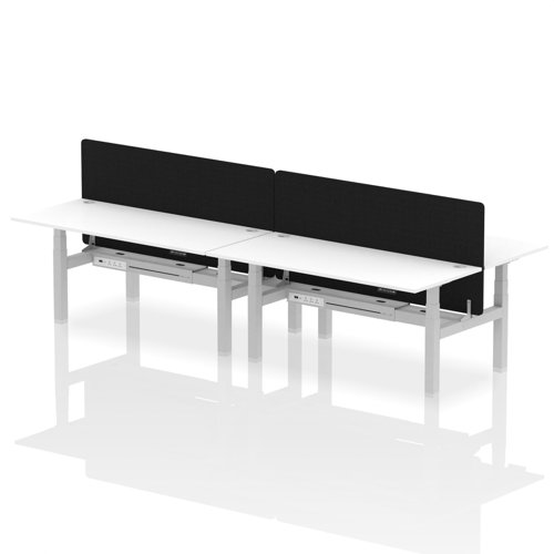 Air Back-to-Back 1800 x 800mm Height Adjustable 4 Person Office Bench Desk White Top with Cable Ports Silver Frame with Black Straight Screen