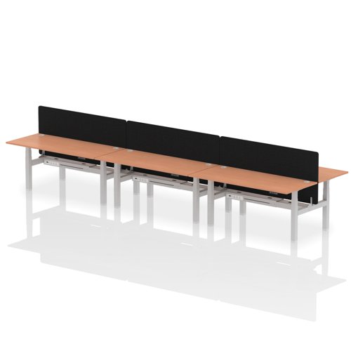 Air Back-to-Back 1800 x 800mm Height Adjustable 6 Person Office Bench Desk Beech Top with Cable Ports Silver Frame with Black Straight Screen