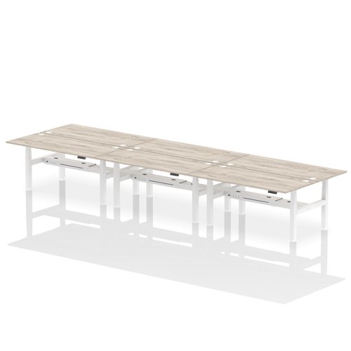 Air Back-to-Back 1800 x 800mm Height Adjustable 6 Person Bench Desk Grey Oak Top with Cable Ports White Frame