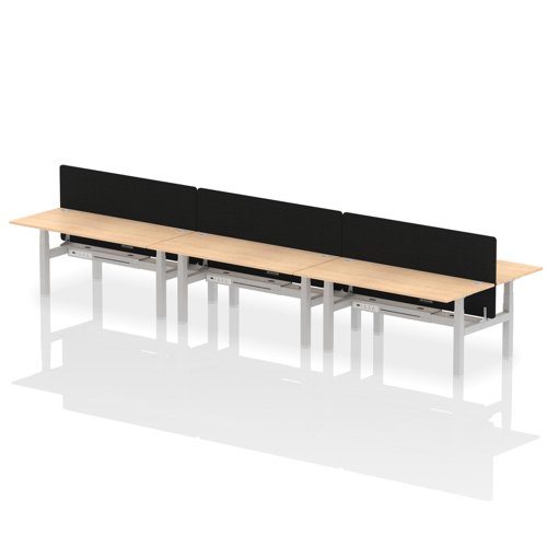 Air Back-to-Back 1800 x 800mm Height Adjustable 6 Person Office Bench Desk Maple Top with Cable Ports Silver Frame with Black Straight Screen